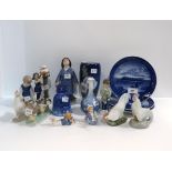 A collection of Royal Copenhagen figures of children, chickens and cockerels, two vases, bell,