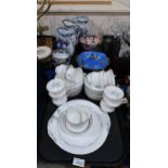 A Noritake butterfly dish, a pair of antique transfer printed pitchers and bowls, another pitcher,