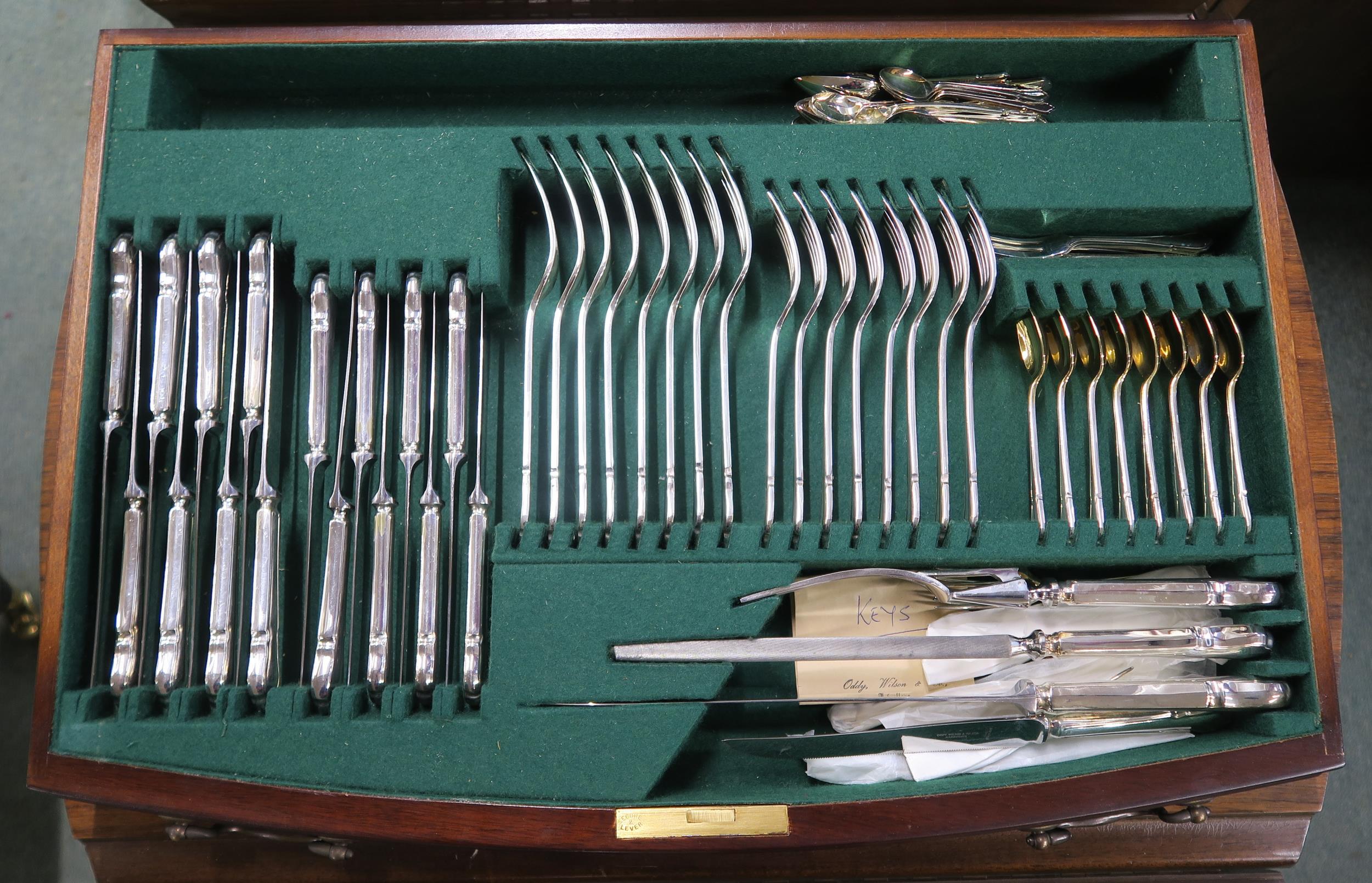 A 20th century mahogany two drawer canteen with silver plate contents and a mahogany drop end single - Image 3 of 5