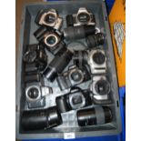 A box of various camera bodies and lenses Condition Report:Available upon request