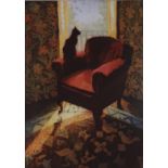 MARCEL SCHELLEKENS (DUTCH CONTEMPORARY b.1954) BLACK CAT ON CHAIR  Etching, signed lower right,