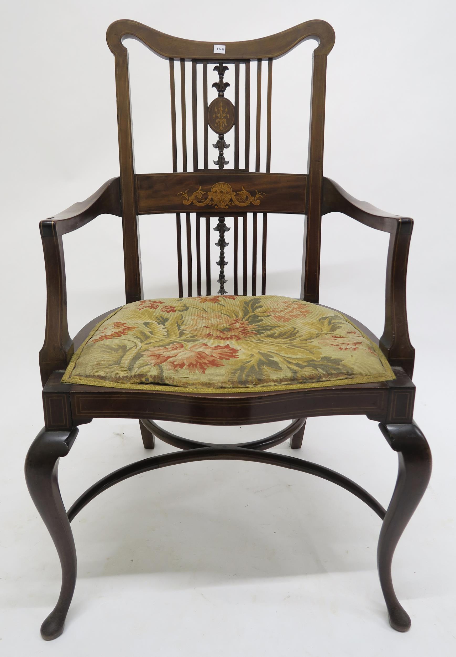 A Victorian walnut and fruitwood inlaid parlour armchair and another similar Victorian mahogany - Image 5 of 7