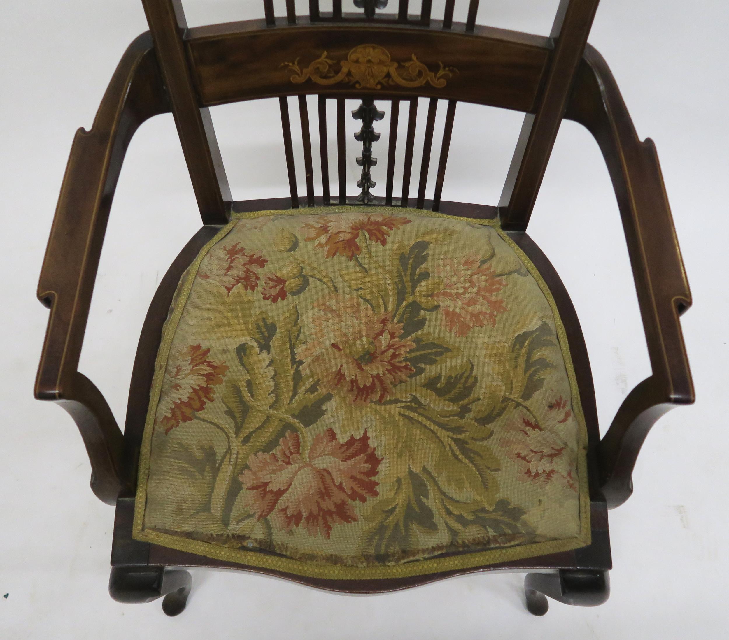 A Victorian walnut and fruitwood inlaid parlour armchair and another similar Victorian mahogany - Image 7 of 7