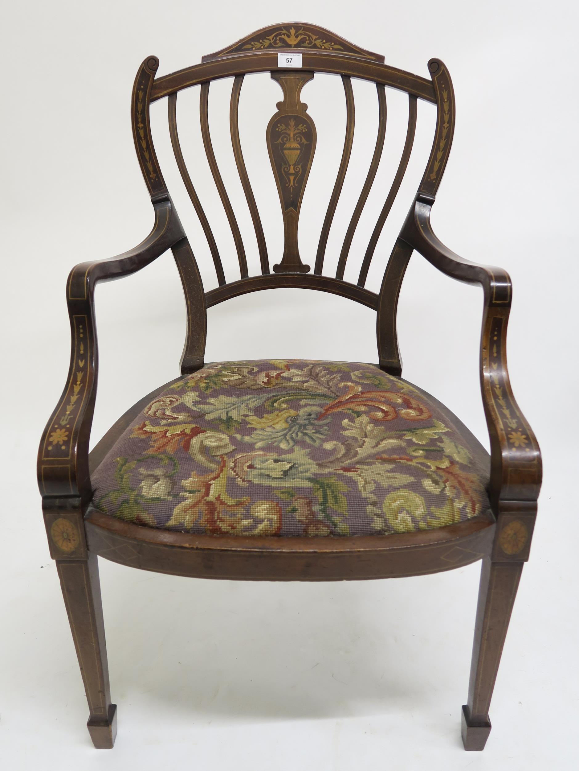 A Victorian walnut and fruitwood inlaid parlour armchair and another similar Victorian mahogany - Image 2 of 7