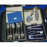 A tray lot of EPNS including toddy ladle, cased spoons etc  Condition Report:Available upon request