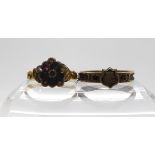 A Victorian yellow metal garnet and pearl ring (af) size N1/2, together with a yellow metal hair