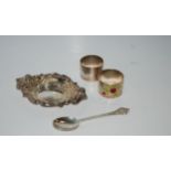 A silver dish, two silver napkin rings and silver tea spoon, 150grams Condition Report:Available