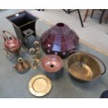 An assorted lot to include Tiffany style lamp shade, brass jelly pan, pair of brass candlesticks,