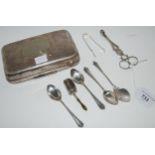 A miscellaneous lot of silver, teaspoons, tongs various marks and dates in white-metal case
