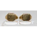 Two 9ct gold gents signet rings, monogrammed, size R, square example R1/2, weight combined 7.5gms