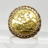 A 1908 gold half sovereign in a 9ct retro ring mount, size X, weight 11.4gms Condition Report: