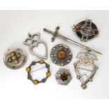 A silver John Hart citrine set brooch, an early white metal luckenbooth and other items of