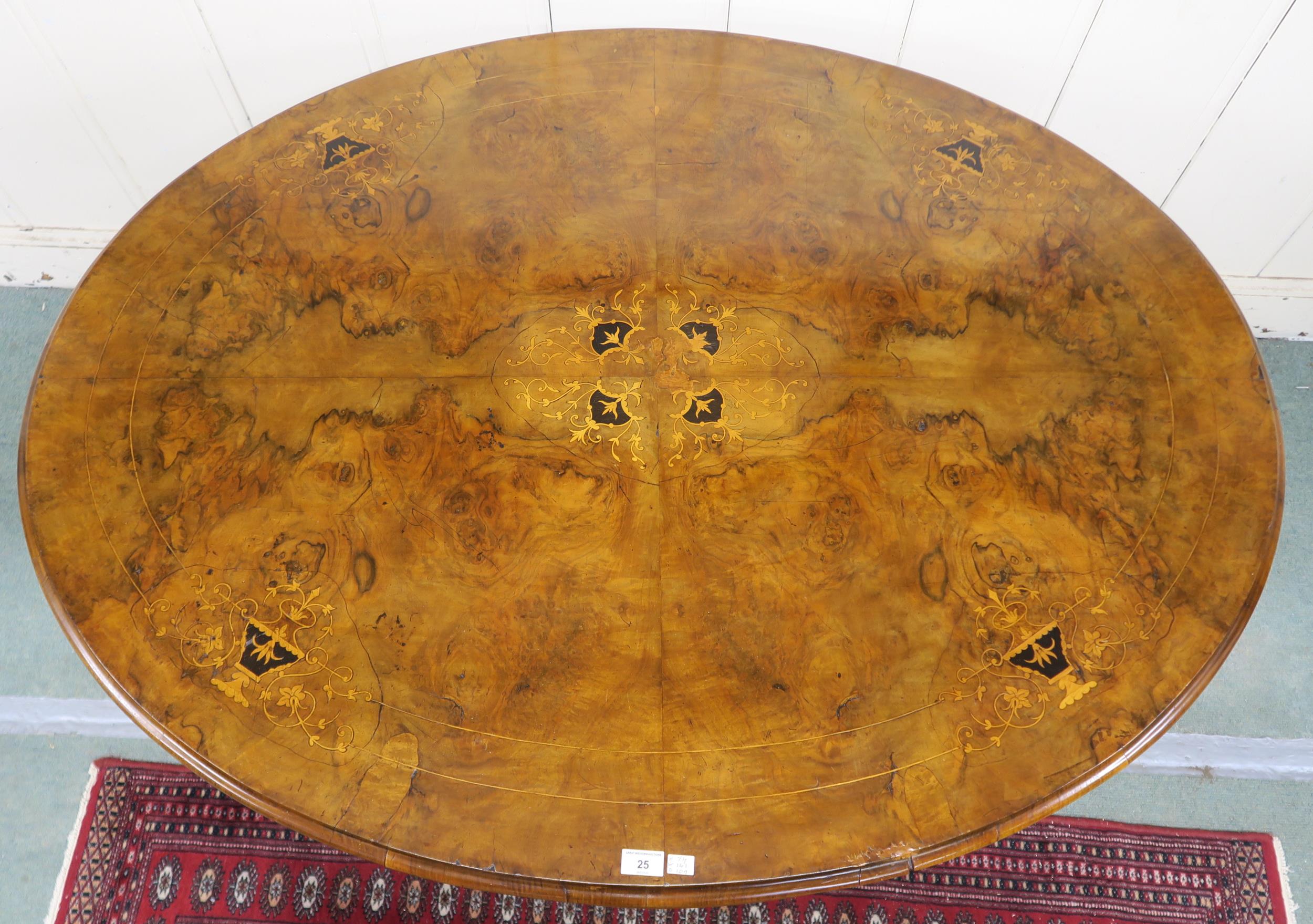 A Victorian burr walnut inlaid oval tilt top breakfast table on carved quadrupedal base, 74cm high x - Bild 2 aus 7