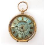A 14K GOLD OPEN FACE FOB WATCH the blue tinted dial is engraved with a bird and foliage. with