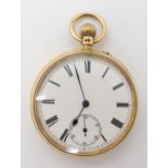AN 18CT GOLD OPEN FACE POCKET WATCH with white enamelled dial, black Roman numerals, subsidiary