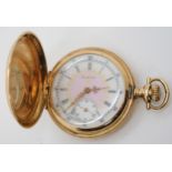 A LADIES 14K GOLD ELGIN FOB WATCH with pink and white enamelled dial with French gold transfer