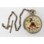 A MICKEY MOUSE INGERSOLL POCKET WATCH WITH DECORATIVE SILVER FOB CHAIN early Mickey Mouse with