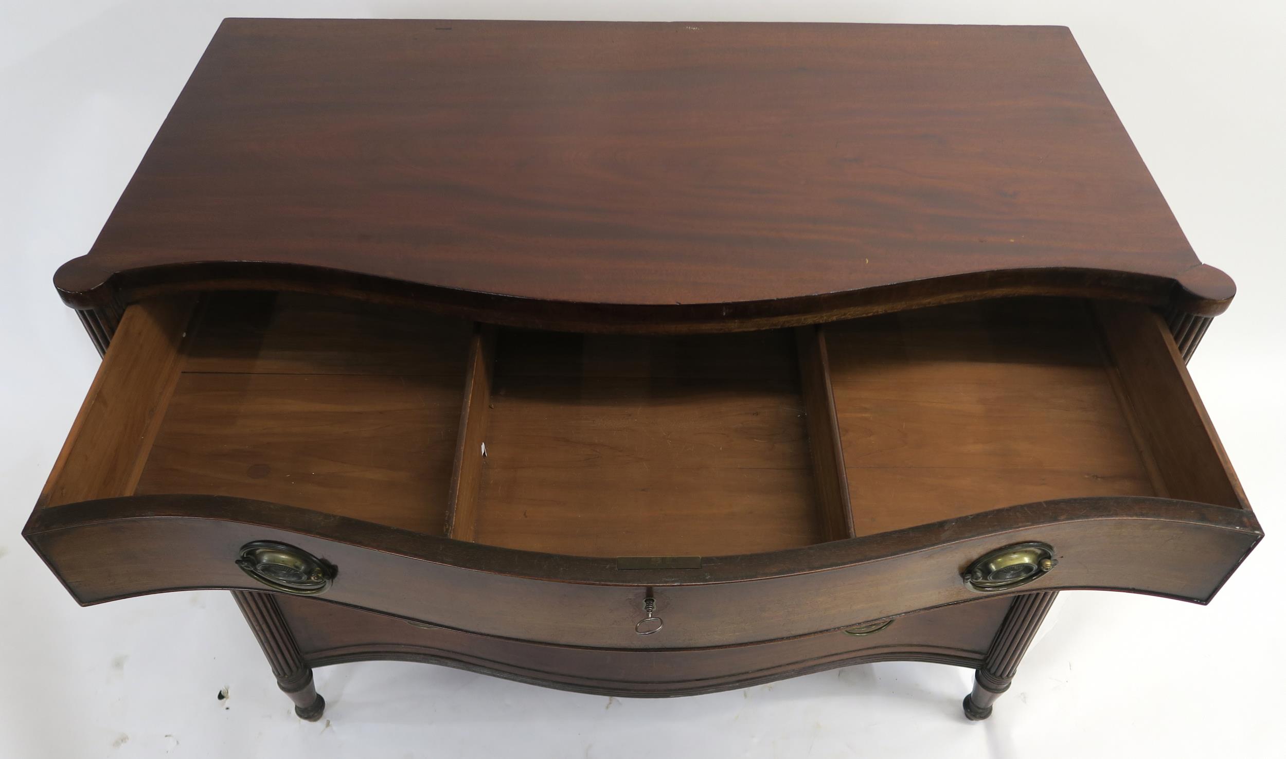 A 19TH CENTURY MAHOGANY SERPENTINE CHEST with four graduating drawers, flanked by fluted columns and - Image 6 of 19