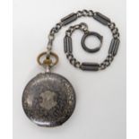 A CONTINENTAL SILVER NIELLO CASED POCKET WATCH AND CHAIN the open face pocket watch is stamped