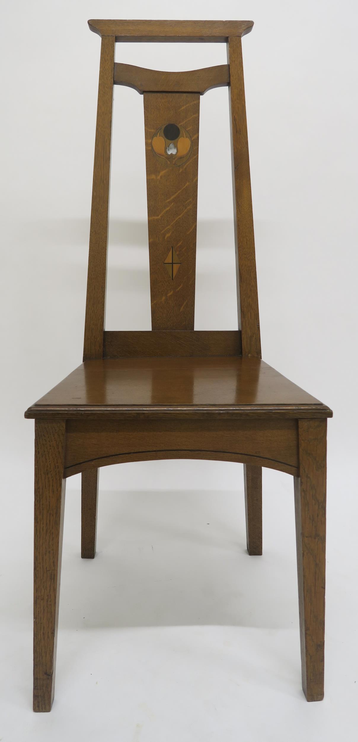 A PAIR OF ARTS AND CRAFTS HALL CHAIRS, each with mother of pearl and fruitwood inlay to splats on - Image 5 of 13