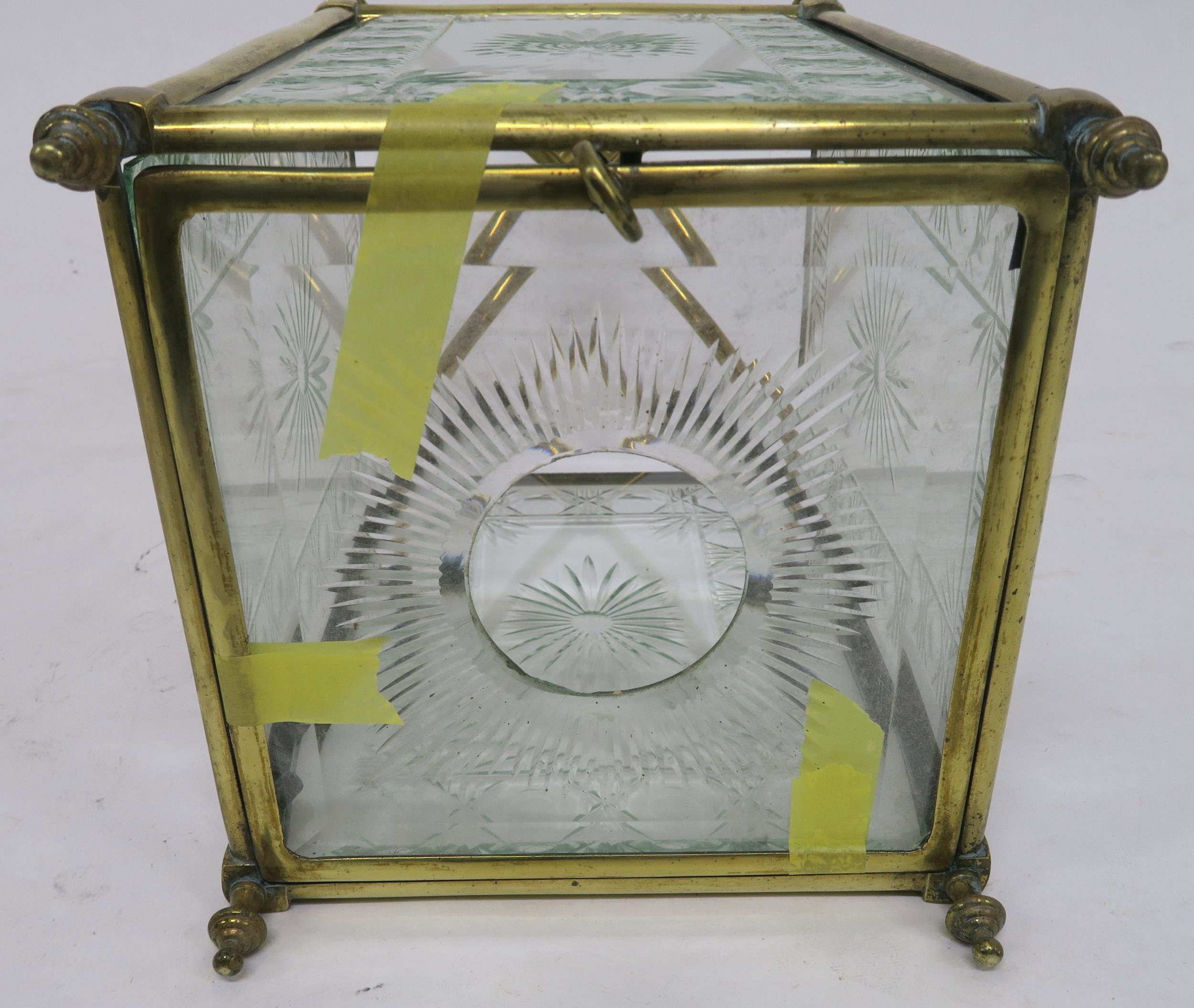 AN EDWARDIAN BRASS AND CUT GLASS HALL LANTERN set with four foliate cut panels and base, 90cm - Image 6 of 6