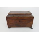 A REGENCY TWO DIVISION TEA CADDY with hinged lid and  with burr walnut lidded compartments with