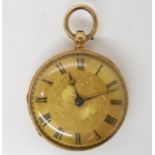 AN 18CT GOLD OPEN FACE POCKET WATCH with gold coloured floral engraved dial, black Roman numerals