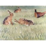 DARREN WOODHEAD SWLA (SCOTTISH CONTEMPORARY b.1971)  HARES ON GRASS Watercolour on paper, signed