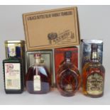 A BOTTLE OF PINWINNIE DELUXE WHISKY in tin box, 40%vol, 70cl, Chivas Regal 12 year old, Dimple,