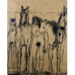 FRANCES RICHARDSON (BRITISH CONTEMPORARY)  NUDE FIGURE WITH HORSES Chalk and charcoal drawing on