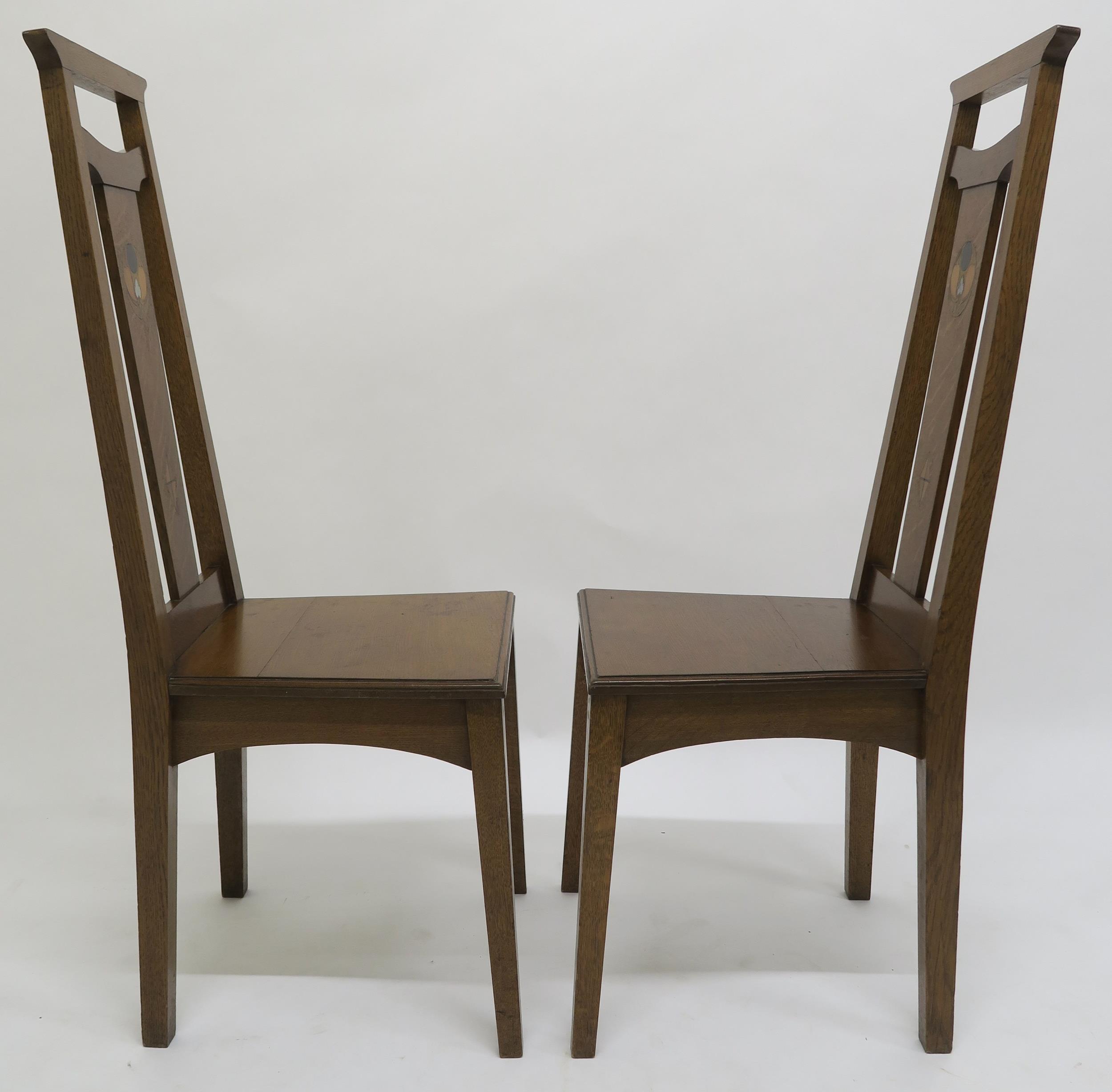 A PAIR OF ARTS AND CRAFTS HALL CHAIRS, each with mother of pearl and fruitwood inlay to splats on - Image 4 of 13