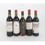 FIVE BOTTLES OF RED WINE comprising chateau cissac, 1982, Chateau Mouton Baronne Philippe, 1986,