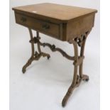 A WILLIAMS AND GIBTON VICTORIAN BURR MAPLE SIDE TABLE with single drawer on scroll legs joined by