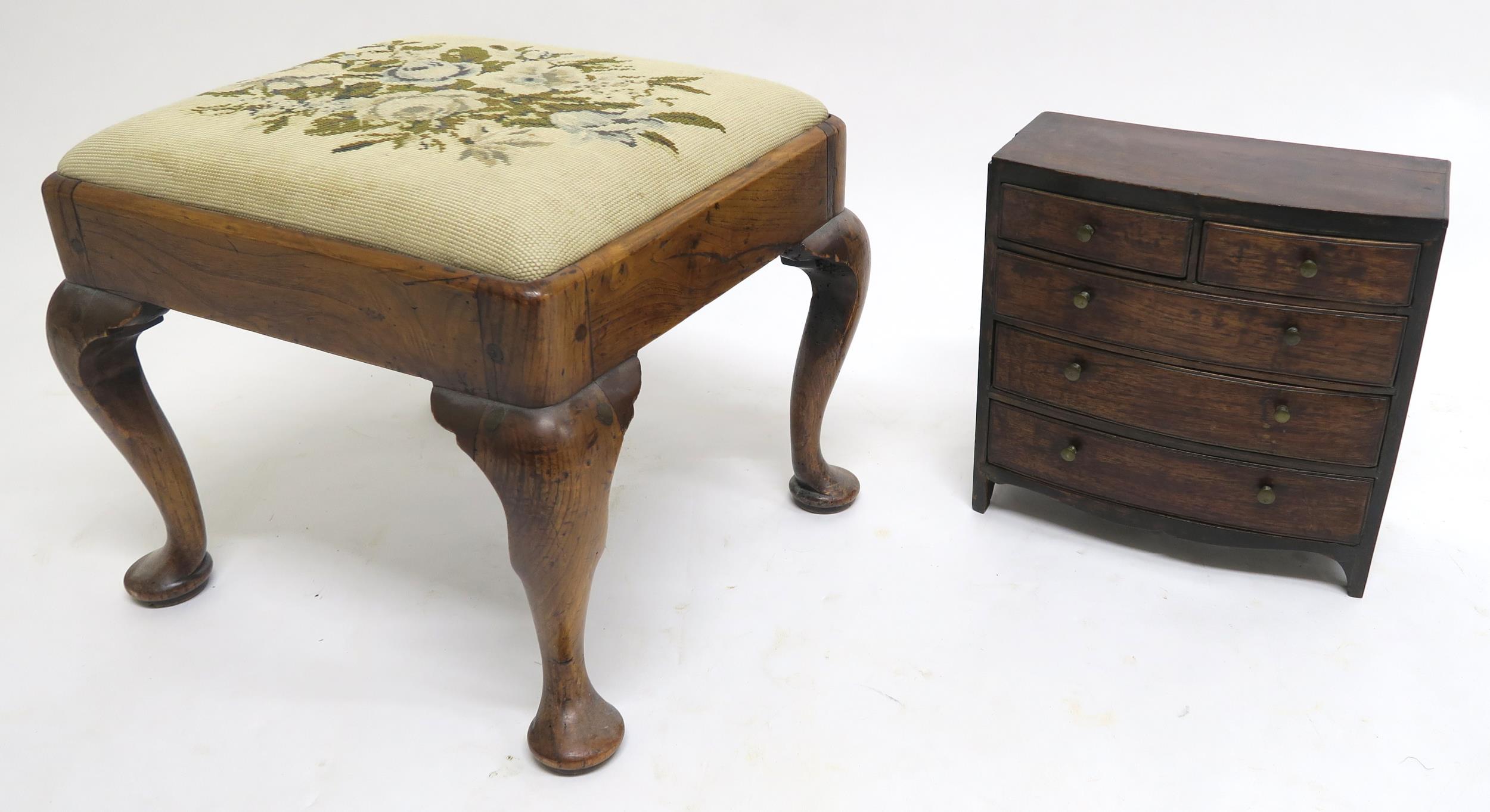 A VICTORIAN MAHOGANY BOWFRONT MINIATURE CHEST 32cm high, 33cm wide an d16cm deep and a Georgian