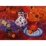 ANN ORAM RSW (BRITISH CONTEMPORARY b.1956) RED STILL LIFE WITH CHINESE LANTERNS Mixed media on