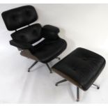 A 20TH CENTURY REVOLVING LOUNGE CHAIR AND FOOTSTOOL IN THE STYLE OF CHARLES AND RAY EAMES FOR HERMAN
