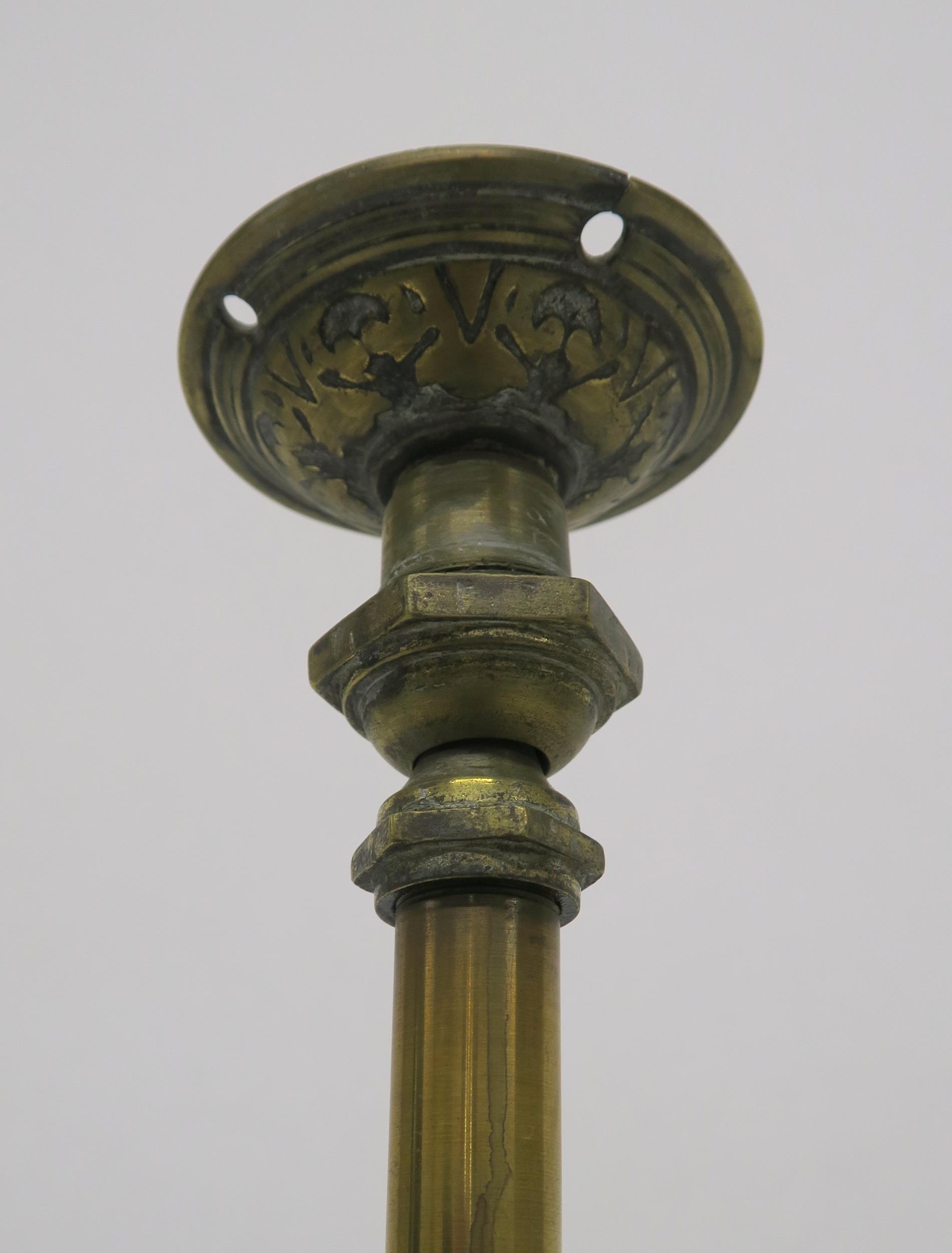 AN EDWARDIAN BRASS AND CUT GLASS HALL LANTERN set with four foliate cut panels and base, 90cm - Image 4 of 6