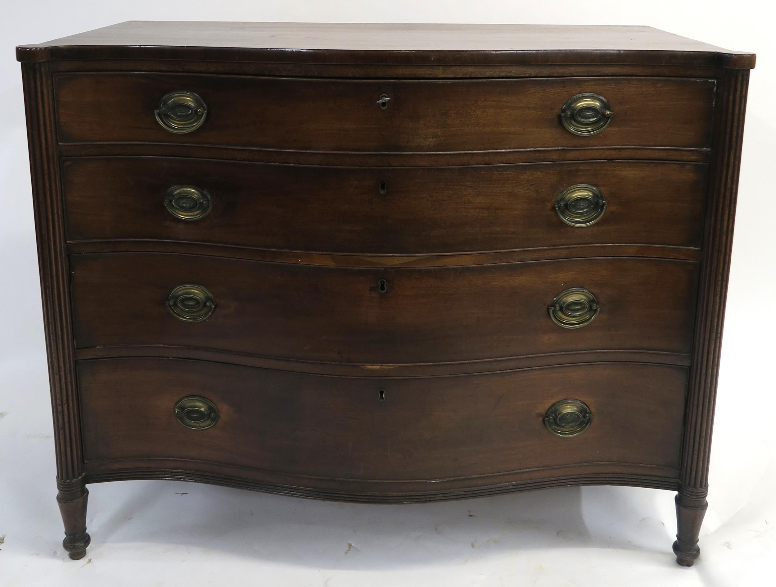 A 19TH CENTURY MAHOGANY SERPENTINE CHEST with four graduating drawers, flanked by fluted columns and - Image 2 of 19