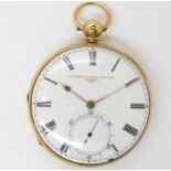 AN 18CT GOLD OPEN FACE POCKET WATCH with white enamel dial, subsidiary seconds dial, with black