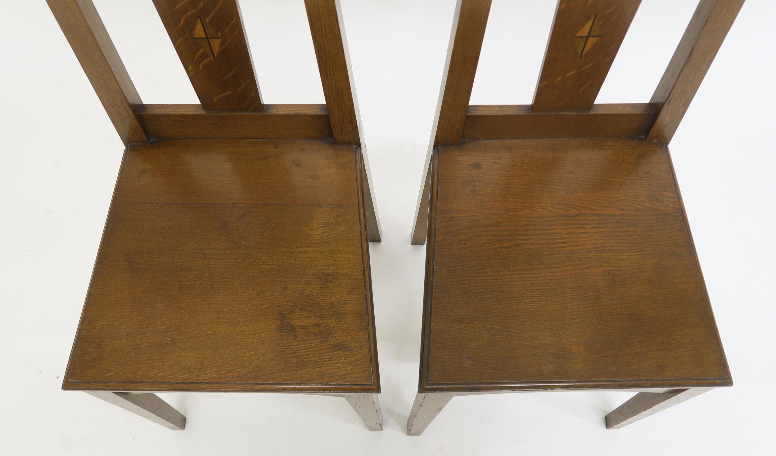 A PAIR OF ARTS AND CRAFTS HALL CHAIRS, each with mother of pearl and fruitwood inlay to splats on - Image 7 of 13