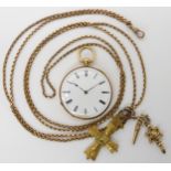 A GOLD PLATED SLIMLINE POCKET WATCH WITH 9CT GUARD CHAIN with classic white enamel dial with black