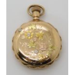 A LADIES 14K GOLD ELGIN FOB WATCH with pie crust bezel, the decorative case with applied coloured