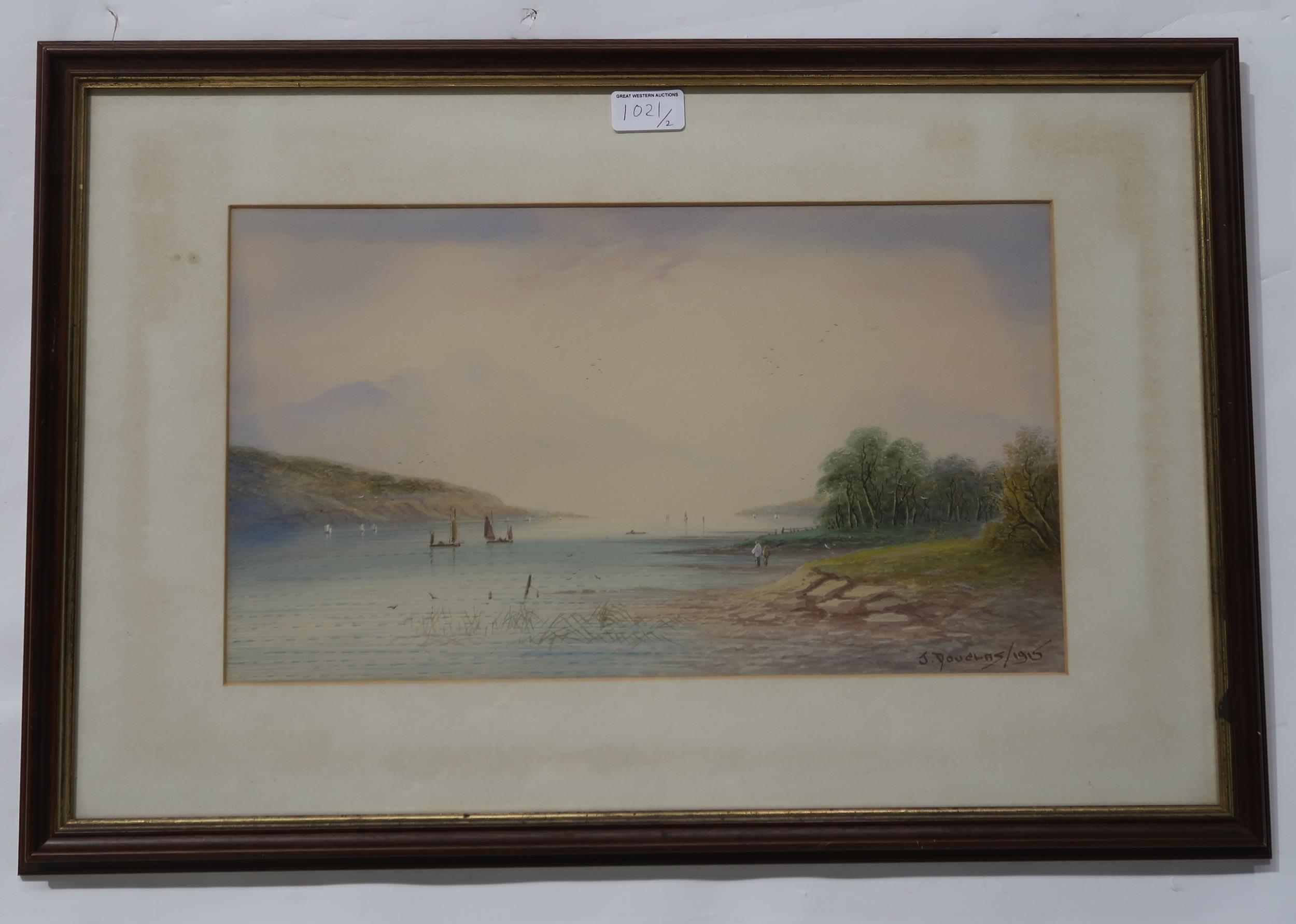 J DOUGLAS River scene and coastal village, signed, watercolour, dated, 1914/15, 25 x 43cm and 23 x - Image 4 of 5