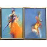DENISE DAVIS (INVERNESS CONTEMPORARY)  ABSTRACT FIGURES ON BLUE, DIPTYCH Oil on canvas panel, signed