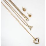 A collection of 9ct gold and yellow metal items, a diamond accent set 'M' pendant on 41cm box chain,