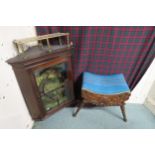 A Victorian mahogany glazed corner cabinet, carved upholstered stool and brass six legged trivet