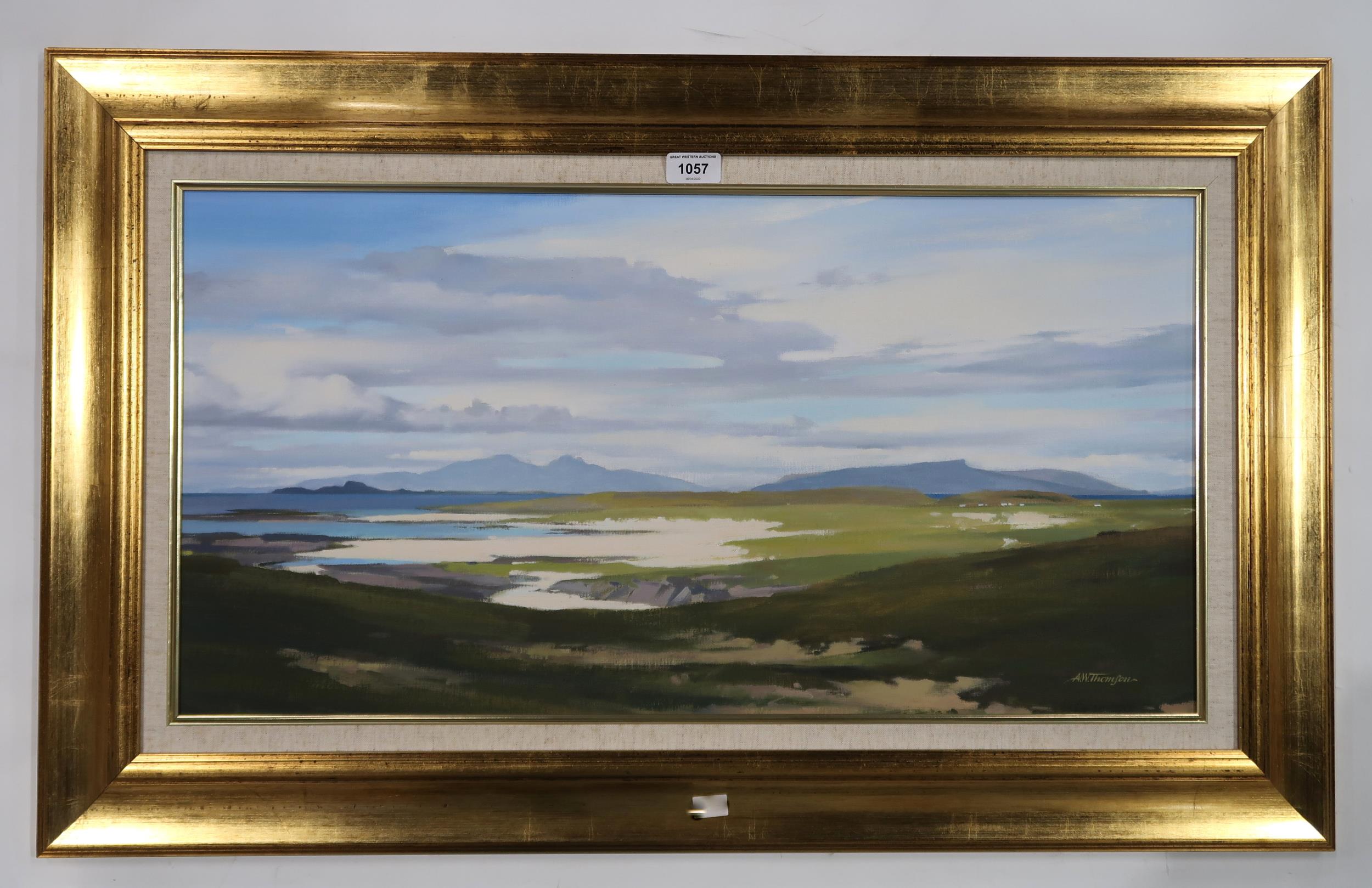 A W THOMSON Muck, Rhum and Eigg from Sanna, signed, acrylic on board, 43 x 78cm Condition Report: - Image 2 of 4