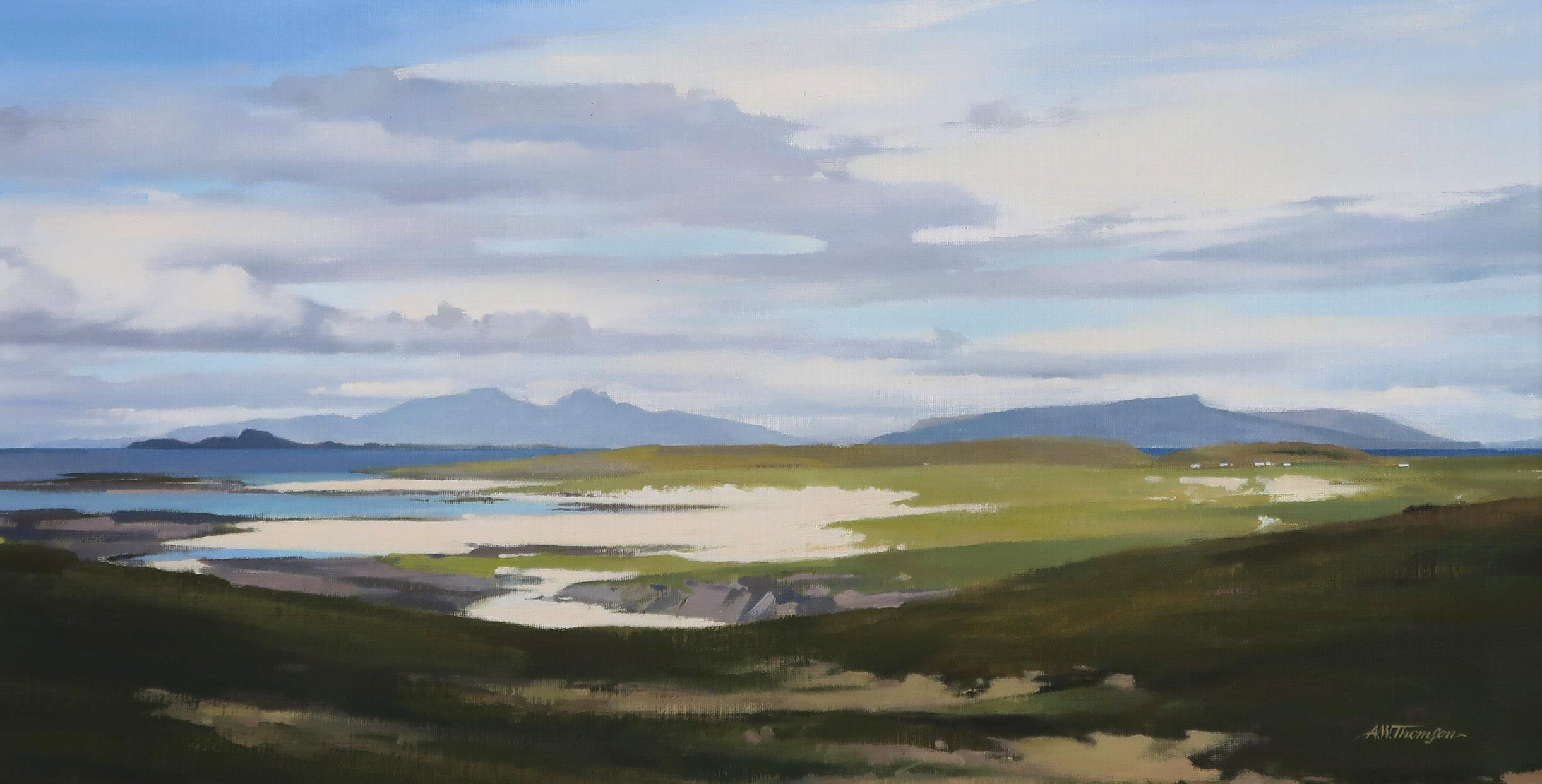 A W THOMSON Muck, Rhum and Eigg from Sanna, signed, acrylic on board, 43 x 78cm Condition Report: