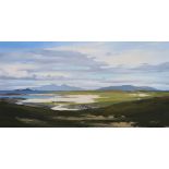 A W THOMSON Muck, Rhum and Eigg from Sanna, signed, acrylic on board, 43 x 78cm Condition Report: