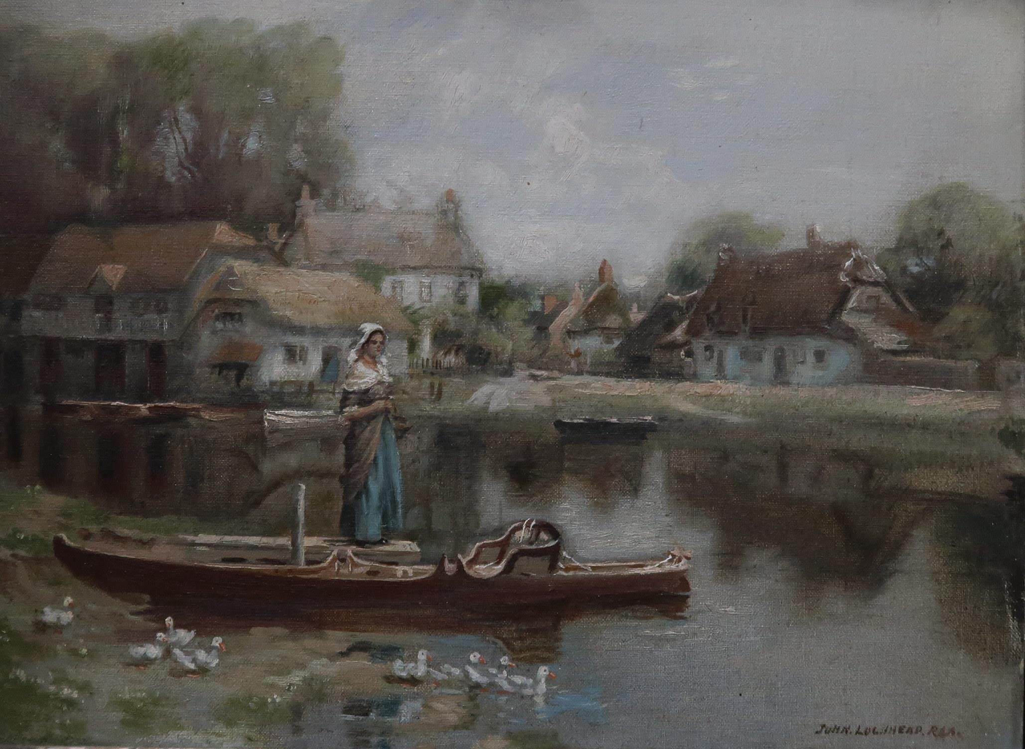 JOHN LOCHHEAD Lady beside a rowing boat, signed, oil on board, 30 x 40cm Condition Report:
